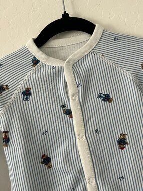 Ralph Lauren Baby Sleeper Blue Stripe Polo Bear Footed Pajamas Cotton 6M
